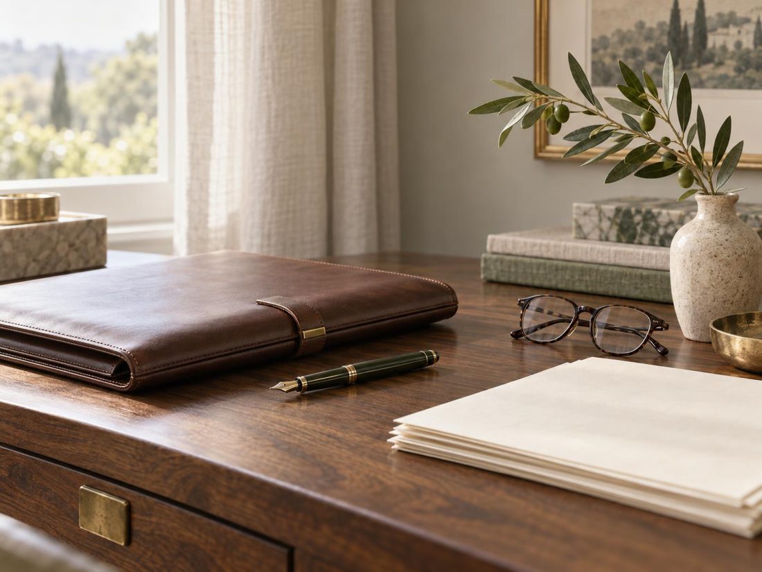 A leather portfolio and fountain pen on a walnut desk