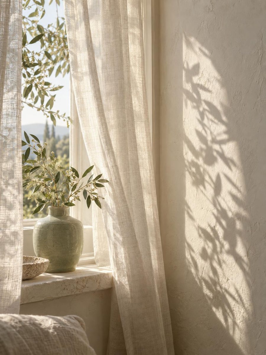 Morning light through sheer linen curtains